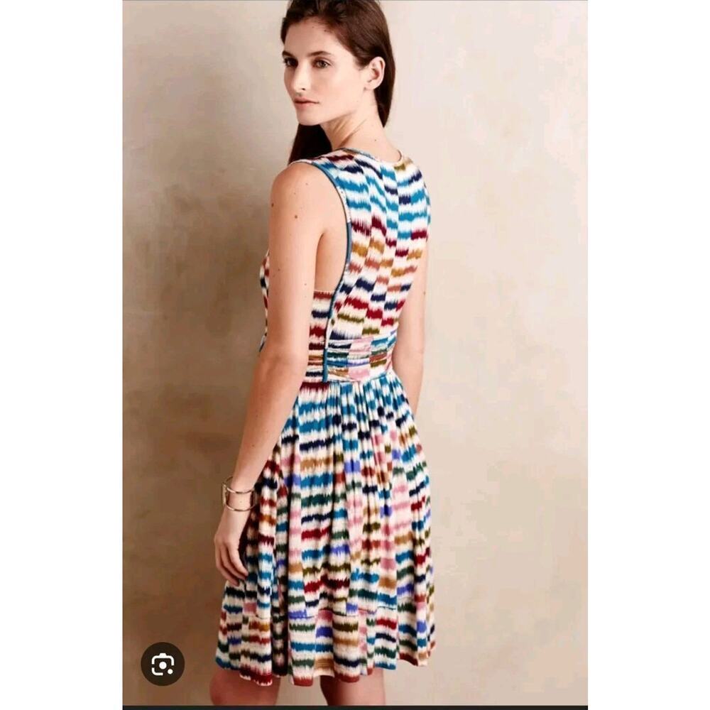 ANTHROPOLOGIE Maeve Sennebec Fit Flare Dress Sz S Jersey Knee Colorful Ikat - Picture 3 of 13